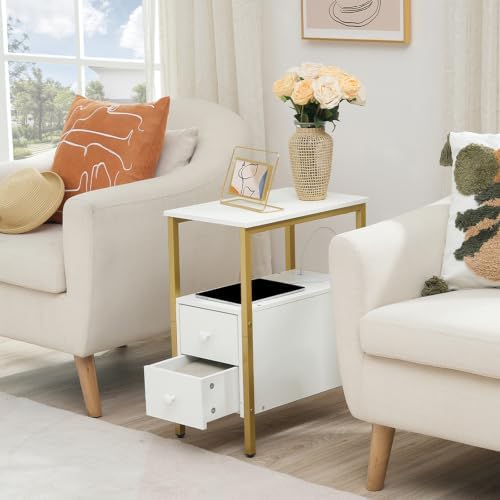 HOOBRO End Table with Charging Station, Narrow Side Table with 2 Drawer & USB Port & Power Outlets, Nightstand for Small Spaces, Stable and Sturdy, for Living Room, Bedroom, Gold and White DW541BZ01 - Image 5