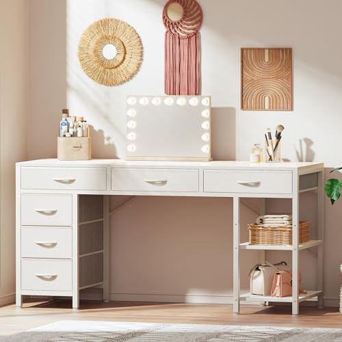 Huuger Computer Desk with 6 Drawers, Office Desk with Shelves, Reversible Gaming Desk, Corner Desk with Storage, Work for Home Office, Study, Living Room, 54inch, White - Image 2