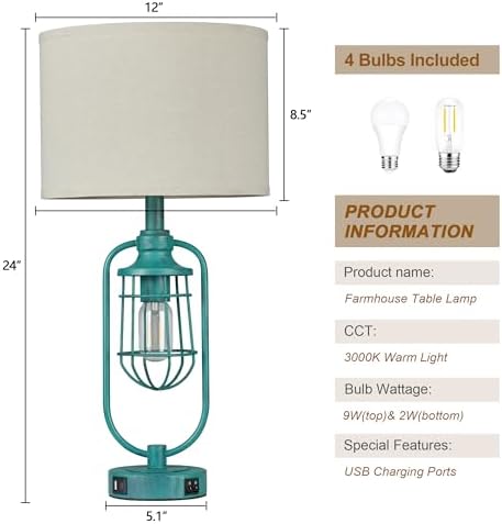 24" Retro Farmhouse Table Lamps Set of 2 for Living Room, USB A+C - Image 6