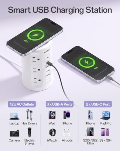 Power Strip with USB Ports,Extension Cord with Multiple Outlets (12AC+3A+2C), 6.5 FT Desk White Power Strip Tower Charging Station for Home, Office, College Dorm Essentials - Image 5