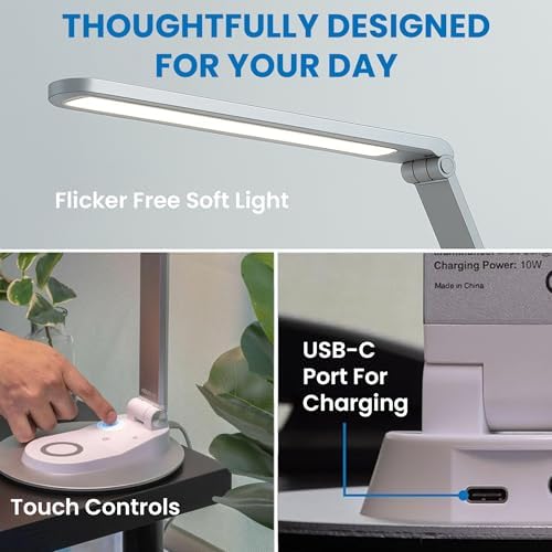 Mount-It! LED Desk Lamp with Wireless Charger and USB-C Charging Port, Dimmable Desk Lamp with 25 Brightness and Color Modes, for Home or Office, Adjustable Arm, Silver/White - Image 6