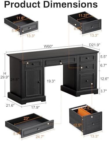 Vipbear 60" Farmhouse Executive Desk with Drawers and Cabinet, Embossed Texture Wood Home Office Desk, Rustic Computer Writing Desk, Workspace for Work Study Writing (Black) - Image 2