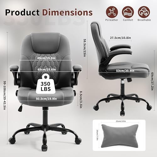 PU Leather Office Chair Swivel Lumbar Support for Short People Grey - Image 2