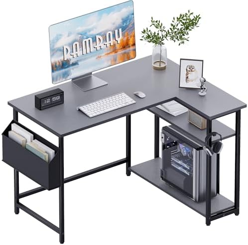 Pamray 40 Inch L Shaped Computer Desk with Reversible Side Storage Shelves, Small Corner Desk for Small Space Home Office, Writing Study Table PC Desk for Bedroom, Grey by PAMRAY