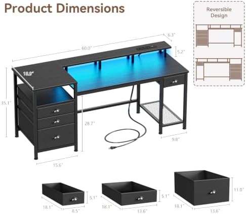 Furologee 60" Black Computer Desk with 4 Drawers and Printer Space, Gaming Desk with LED Lights and USB Power Outlets, Home Office Desk with Fabric File Cabinet,Study Work Table with Shelf for Bedroom - Image 3