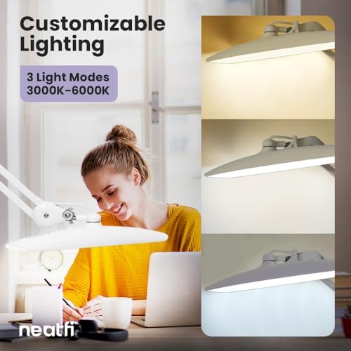 Neatfi XL 2200 Lumens 20W LED Desk Lamp with Clamp – Adjustable Color Temperature | 4-Level Dimmable Light | Home Office, Crafts & Workbench | 20-Inch Wide Head (White, CCT with Clamp) - Image 6