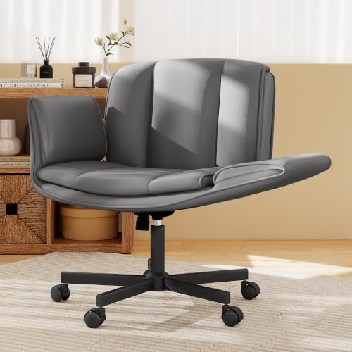 HeroSet Criss Cross Chair with Wheels & Armrests,Comfy Wide Vanity Chair,Scratch-Resistant Pu Leather Cross Legged Desk Chair,Height Adjustable Computer Office Desk Chairs for Home,Makeup,Bedroom by HeroSet
