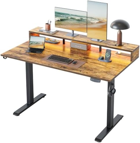 Klicelor Electric Standing Desk with Shelf, 55 Inch Height Adjustable Desk with Power Outlets & LED, Sit Stand Up Table with Monitor Stand, Computer Workstation for Home Office, Rustic Brown by Klicelor
