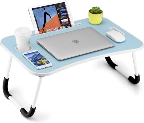 FISYOD Foldable Laptop Table, Portable Lap Desk Bed Table Tray, Laptop Stand with Cup Holder & Tablet Slot & Lifting Handle for Working Writing Drawing & Eating (Blue) by FISYOD