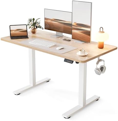 Cubiker Standing Desk, 48x24 Inches Sit Stand Home Office Desk, Electric Stand up Desk, Adjustable Desk with Splice Board, White Frame/Maple Top by CubikerHomeOfficeFurniture