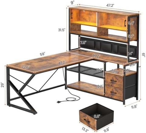 SEDETA L Shaped Office Desk with Storage Shelves, 2 Drawer, LED Light - Image 2