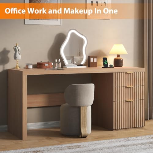 60" Fluted Executive Desk with Ample File Drawer & Large Charging Station, Wood Modern Home Office Desk with Storage, Computer Writing Desk for Work, Living Room, Bedroom, Durable & Sturdy, Natural - Image 3