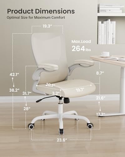 MUXX.STIL Office Chair, PU Leather Ergonomic Desk Chair with Adjustable Lumbar Support and Flip up Armrest, Breathable Mesh Computer Chair for Home Office, Khaki - Image 2