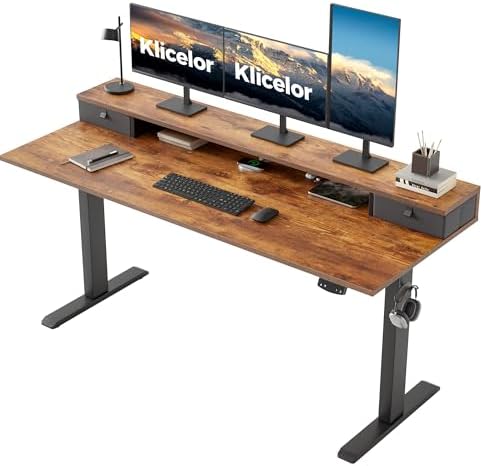 Klicelor 63 x24 Inch Electric Standing Desk with Drawers, Adjustable Height Small Sit Stand Desk for Home Office, Compact Computer Workstation with Storage– Rustic Brown by Klicelor