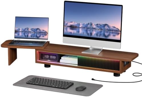 Artswish Dual Monitor Stand with Power Outlet, Brown Desk Monitor Riser by Artswish