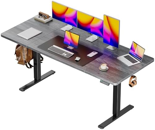 Huuger 63 x 28 Large Electric Standing Desk, Height Adjustable Computer Desk, 27.6" Deep Desktop, Stand up Gaming Office Table with 2 Hooks, 3 Preset Heights, for Home Office, Grey by Huuger