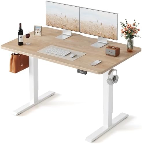 FEZIBO 55 x 24 Inchs Electric Standing Desk, Height Adjustable, Sit Stand Up, Computer Office Desk with Splice Board, White Frame/Maple Top by FEZIBO
