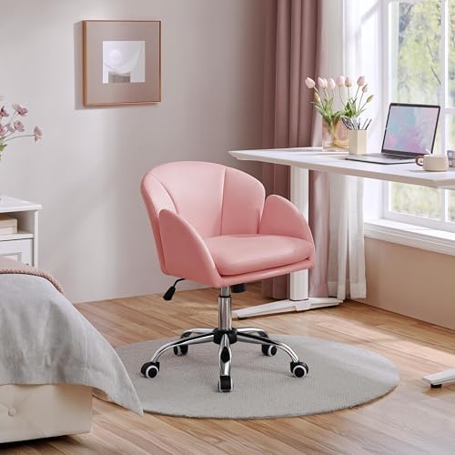 Yaheetech Simple Pink Petal Faux Leather Vanity Desk Chair, Swivel Wheels - Image 4