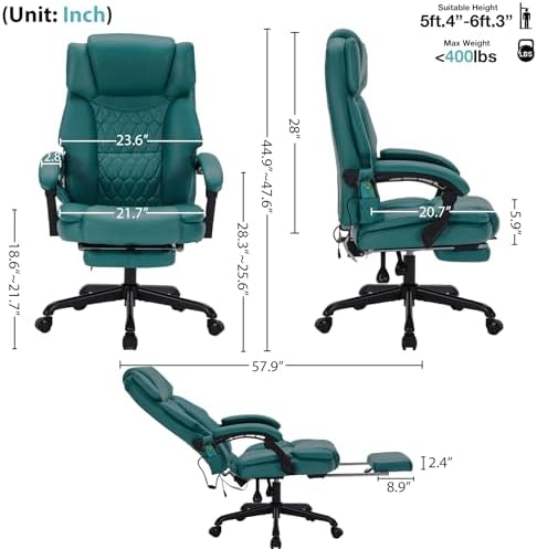 Massage Office Chair with Foot Rest 6 Points Vibration and Heat Home Office Desk Chairs for Heavy People 400lbs Reclining Managerial Chairs Ergonomic Executive Chair (Teal Blue) - Image 2