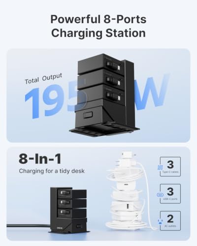 Gitryin Tower Charging Station for Nightstand, 195W Retractable Charger - Image 4