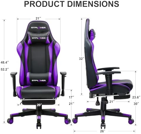 GTPLAYER Gaming Chair with Footrest, Ergonomic Computer Game Desk Chair, Reclining Gamer Chair Seat Height Adjustment, Swivel Rocker with Headrest and Lumbar, Purple - Image 3