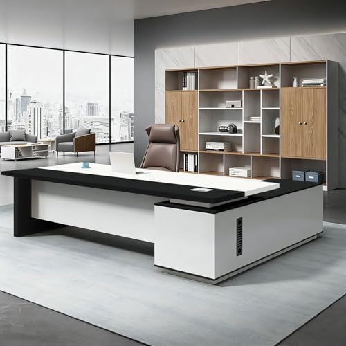 L Shaped Executive Desk with Drawers, Large Office Desk with Storage Cabinet, Wood L Shape Desk for Home Office or Business Workspace, Left or Right Cabinet Option, Multiple Sizes & Colors by Unknown