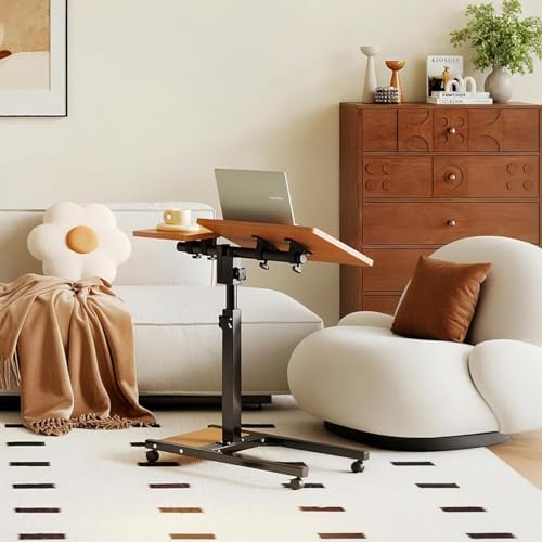 LINGMI Mobile Height Adjustable Laptop Desk with Mouse Pad, Portable Laptop Desk Rolling Tiltable Table with Small Side Table for Couch,Rolling Computer Stand - Image 3