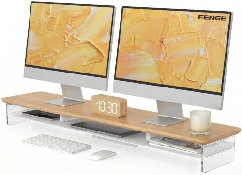 Fenge 42.5" Dual Monitor Stand with Clear Acrylic Legs, Dark Oak by Fenge