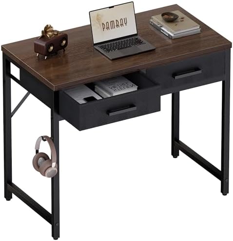 Pamray 32 Inch Small Computer Desk with 2 Drawers for Bedroom Study Writing Home Office Table for Small Spaces Brown by PAMRAY