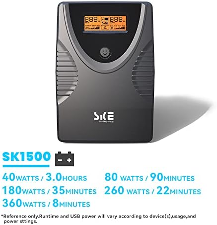 SKE SK1500 1500VA/900W UPS Battery Backup & Surge Protector - Uninterruptible Power Supply with LCD Display, AVR Voltage Regulation, 8 Outlets, Backup Power for PC, Router, NAS & Home Office - Image 5