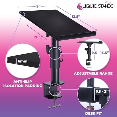 Liquid Stands Studio Monitor Stands - Music Studio Desktop Speaker Stand - 2 Pack 12x9 Clamp-on Adjustable Short or Tall Speaker Support for Music Booth Desk Audio Monitor Stand Mount with Tilt - Image 2