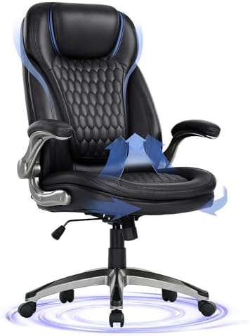 COLAMY Executive Office Chair-Ergonomic Computer Desk Chair, High Back Leather Chair with Padded Flip-up Arms, Swivel Home Office Chair, Black by COLAMYHOME
