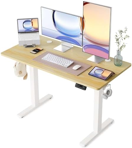 YIHAYO Electric Standing Desk, 48 x 24 Inches Stand Up Desk with Splice Board, Adjustable Height Desk, Computer Desk for Home Office, White Frame/Natural Top by YIHAYO