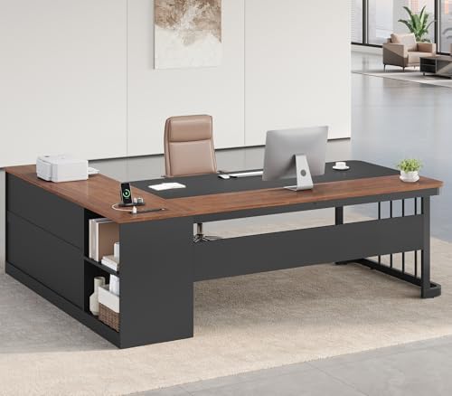 UPOSOJA 71" Executive Desk, Large Office Desk with Drawers & Storage Shelves, Modern L Shaped Computer Desk Corner Desk with Power Outlets, File Cabinet, Business Furniture Desk Workstation (Walnut) - Image 4