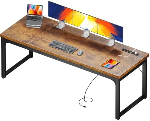Coleshome 71 Inch Long Computer Desk with Power Outlet, Thicker Desktop & Legs, Large Heavy Duty Office Desk for Home Office & Gaming, Rustic Brown by Coleshome