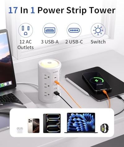 Power Strip with Night Light, Extension Cord with Multiple Outlets (12AC+3A+2C), 10 FT Desk Power Strip Tower Charging Station for Home, Office, College Dorm Essentials - Image 2