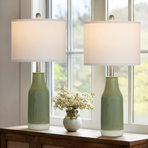 24.5" Ceramic Table Lamps Set of 2 for Bedroom, Sage Green Table Lamps for Living Room End Table, Small Farmhouse Bedside Lamps for Nightstands (2 LED Bulbs Included) by Luxeflow
