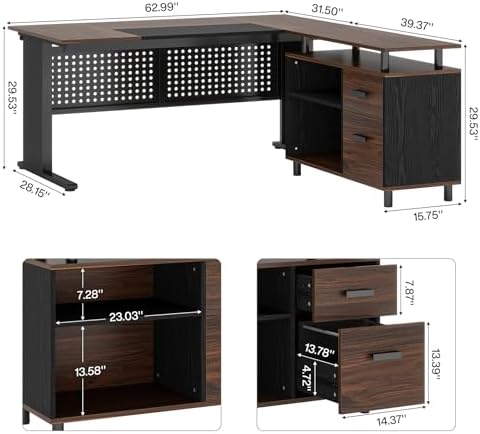 Tribesigns 63 Inch Executive Desk with File Cabinet, L Shaped Office Desk - Image 2