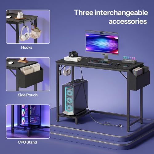 HOOBRO Small Gaming Desk, Computer Desk with Charging Station, Black - Image 6