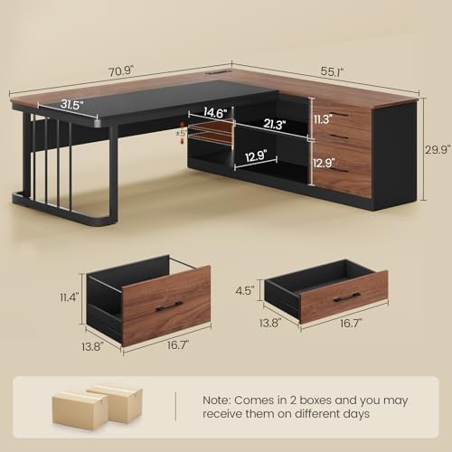 UPOSOJA 71" Executive Desk, Large Office Desk with Drawers & Storage Shelves, Modern L Shaped Computer Desk Corner Desk with Power Outlets, File Cabinet, Business Furniture Desk Workstation (Walnut) - Image 2