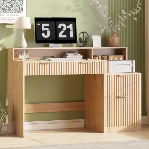 Vabches Fluted Computer Desk with Power Outlets, Home Office Desk with Drawers, Printer Stand, Wood Computer Desk with Long Monitor Stand, Oak - Image 4