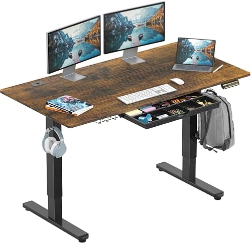 SHW 55 x 28 Electric Height Adjustable Standing Desk w/Drawer,Rustic Brown by SHW