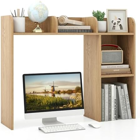 MAT EXPERT Desk Organizer, Wooden Desktop Shelf for 27 Inch Monitor with 5 Shelves & Non-Slip Foot Pads, Anti-Tipping Device, Multipurpose Desk Hutch for Study, Office, Dorm (Natural) by MATEXPERT