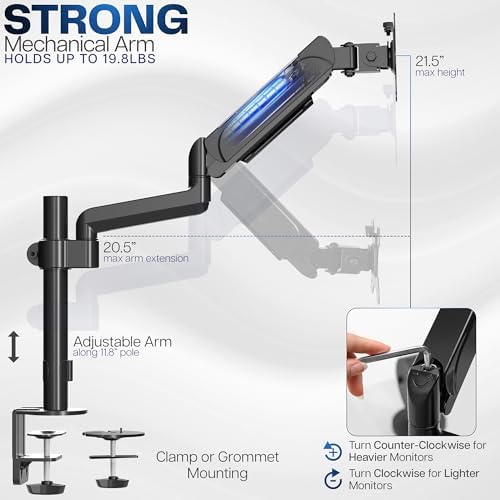 VIVO Single Monitor Arm Mount for 17 to 32 inch Screens - Tension Height Adjustment, Full Articulating Tilt, Swivel, Heavy Duty VESA Stand with Desk C-clamp and Grommet Option STAND-V001K - Image 3