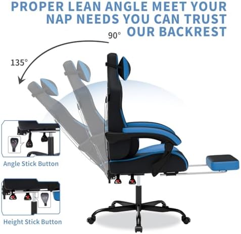 Gaming Chair with Footrest, Gaming Chairs PVC Leather Ergonomic Office Gamer Chair Headrest Lumbar Support Racing Style Video Gaming Chair for Office (Black Blue) - Image 4