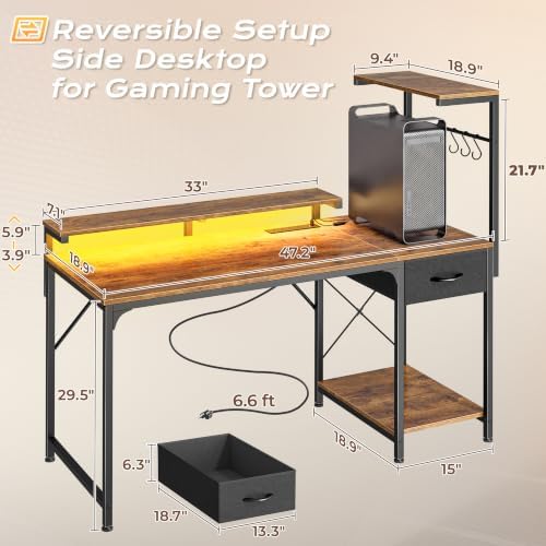 PRAISUN 47.2 Inch Gaming Desk with LED Lights & Power Outlets - Image 3