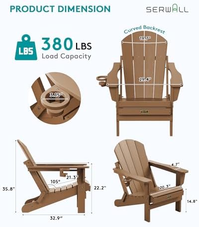 SERWALL Folding Adirondack Chair Set of 2, Cup Holder, Wood Texture -Brown - Image 3