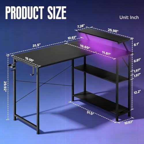 GTPLAYER 42inch L Shaped Gaming Desk with Power Outlets, LED Lights, Brown - Image 2