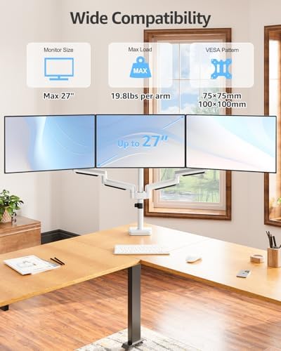 MOUNTUP Triple Monitor Stand Mount - 3 Monitors Desk Mount for Computer Screens Up to 27 inch, Triple Monitor Arm, Heavy Duty Monitors Stand, Each Arm Holds 4.4-19.8 lbs, White - Image 2