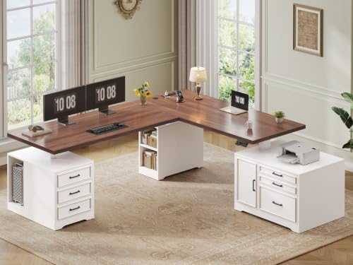 SEDETA Farmhouse L Shaped Electric Standing Desk with File Cabinet, 77 x 55'' Height Adjustable Home Office Computer Desk with 6 Drawers, Power Outlet, Sit Stand Desk, White by SEDETA
